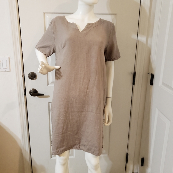 Lungo L'Arno 100% Linen Made In Italy Casual Taupe Short Sleeve Dress - Picture 1 of 9